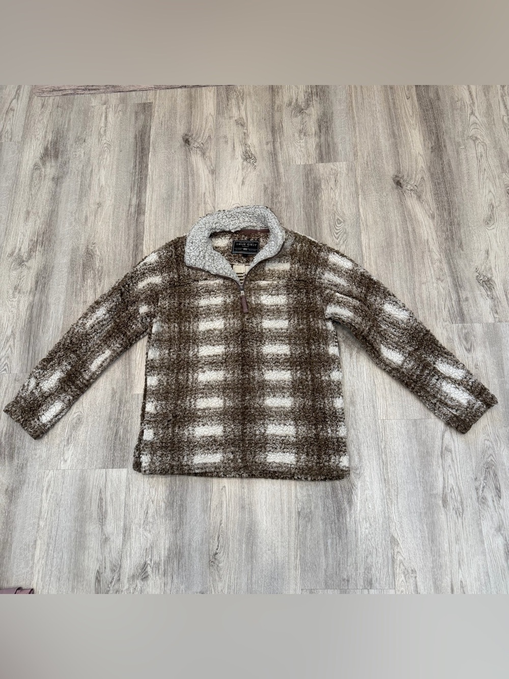 True Grit Brown Plaid Sherpa Quarter Zip Fleece Pullover Size Medium